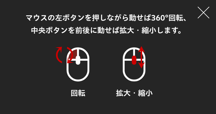 マウスの左ボタンを押しながら動せば360°回転、中央ボタンを前後に動せば拡大・縮小します。