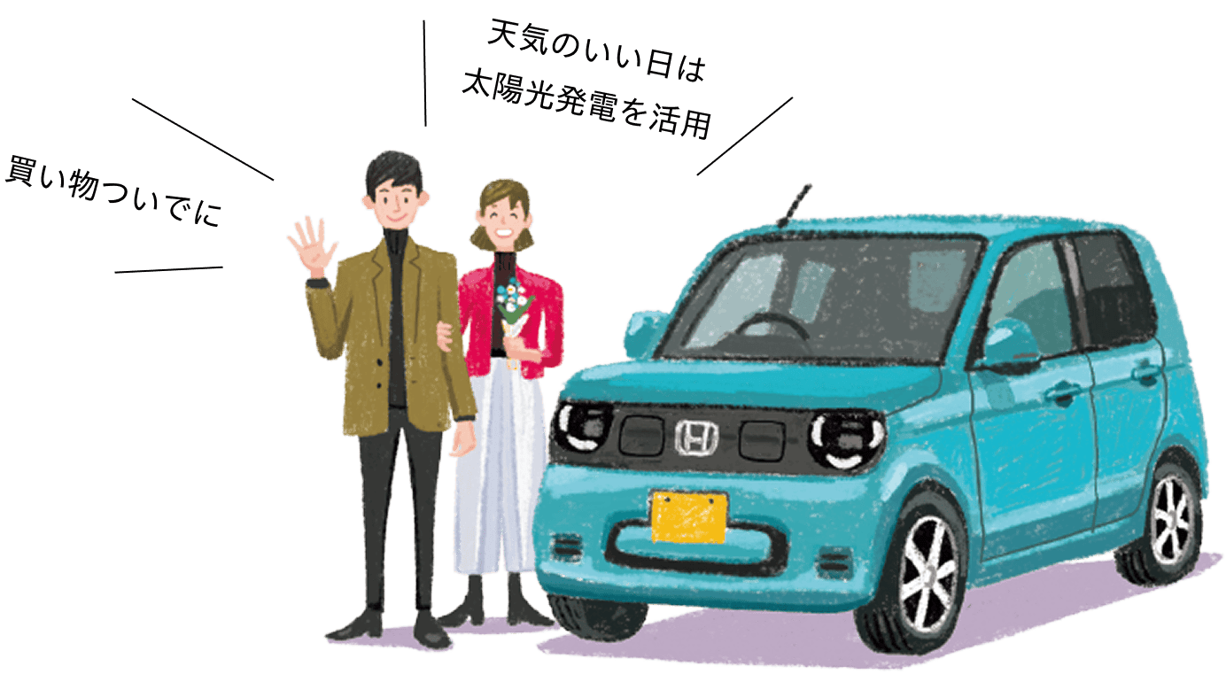 買い物ついでに。天気のいい日は太陽光発電を活用 イラスト