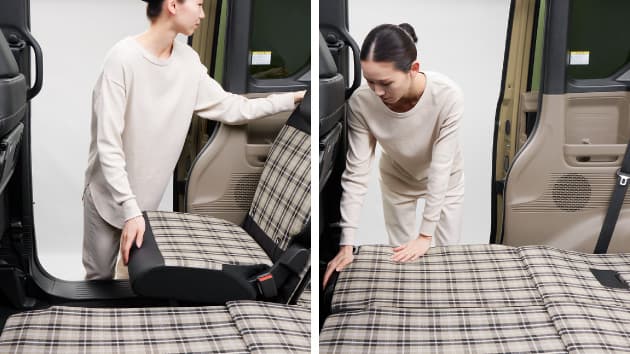 使い方は、後席の肩にあるレバーを引くだけ。