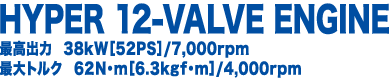 HYPER 12-VALVE ENGINE�b�ō��o�� 38kW�m52PS�n/7,000rpm�b�ő�g���N 62N�Em�m6.3kgf�Em�n/4,000rpm