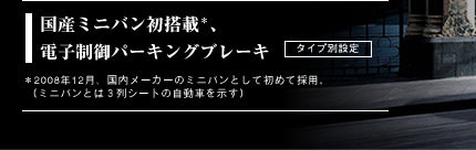 ���Y�~�j�o�������ځ��A�d�q����p�[�L���O�u���[�L�m�^�C�v�ʐݒ�n��2008�N12���A�������[�J�[�̃~�j�o���Ƃ��ď��߂č̗p�B�i�~�j�o���Ƃ͂R��V�[�g�̎����Ԃ������j