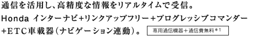 �ʐM�����p���A�����x�ȏ������A���^�C���Ŏ�M�BHonda �C���^�[�i�r�{�����N�A�b�v�t���[�{�v���O���b�V�u�R�}���_�[�{ETC�ԍڊ�i�i�r�Q�[�V�����A���j�B