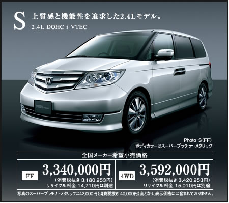 �u�㎿���Ƌ@�\����ǋ�����2.4L���f���B�vS 2.4L DOHC i-VTEC�@Photo�FS�iFF�j�{�f�B�J���[�̓X�[�p�[�v���`�i�E���^���b�N �y�S�����[�J�[��]�������i�z[FF]3,340,000�~�i����Ŕ��� 3,180,953�~�j���T�C�N������ 14,710�~�͕ʓr [4WD]3,592,000�~�i����Ŕ��� 3,420,953�~�j���T�C�N������ 15,010�~�͕ʓr�@�ʐ^�̃X�[�p�[�v���`�i�E���^���b�N��42,000�~�i����Ŕ��� 40,000�~�j���ƂȂ�A�\�����i�ɂ͊܂܂�Ă���܂���B