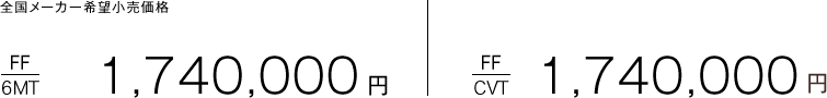 全国メーカー希望小売価格 FF(6MT) 1,740,000円 FF(CVT) 1,740,000円