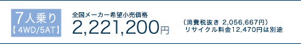 7�l���y4WD/5AT�z�S�����[�J�[��]�������i�F2,221,200�~�i����Ŕ����F2,056,667�~�j���T�C�N������12,470�~�͕ʓr