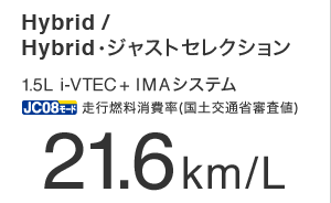 Hybrid / Hybrid��W���X�g�Z���N�V���� 1.5L i-VTEC+IMA�V�X�e�� �G�R�J�[���őΏێ� �Ɛ� JC08���[�h���s�R�����(���y��ʏȐR���l) 21.6km/L
