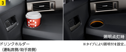 ドリンクホルダー(運転席側/助手席側)※タイプにより照明付を設定。