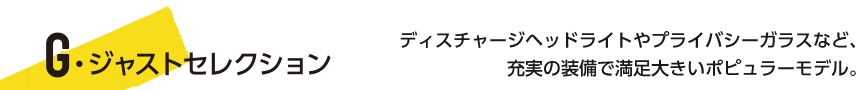G・ジャストセレクション ディスチャージヘッドライトやプライバシーガラスなど、 充実の装備で満足大きいポピュラーモデル。