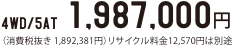 4WD/5AT�@1,987,000�~�i����Ŕ��� 1,892,381�~�j���T�C�N������12,570�~�͕ʓr