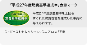 「平成27年度燃費基準達成車」表示マーク 平成27年度燃費基準を上回るすぐれた燃費性能を達成した車両に与えられます。G・ジャストセレクション(FF)の「Lパッケージ」+「Honda インターナビ」装着車/GL/Gエアロ(FF)の「Lパッケージ」装着車/GエアロL
