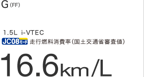 G(FF) 1.5L i-VTEC JC08モード走行燃料消費率(国土交通省審査値)16.6km/L(FF)