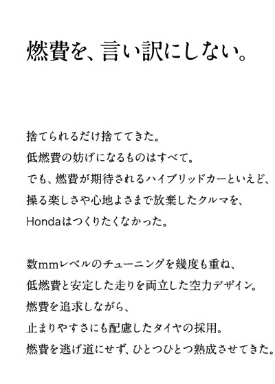 �R���������ɂ��Ȃ��̂Ă��邾���̂ĂĂ����B��R��̖W���ɂȂ���̂͂��ׂāB�ł��A�R����҂����n�C�u���b�h�J�[�Ƃ����ǁA����y������S�n�悳�܂ŕ��������N���}���AHonda�͂��肽���Ȃ������B��mm���x���̃`���[�j���O�����x���d�ˁA��R��ƈ��肵������𗼗�������̓f�U�C���B�R���ǋ����Ȃ���A�~�܂�₷���ɂ��z�������^�C���̗̍p�B�R��𓦂����ɂ����A�ЂƂЂƂn�������Ă����B