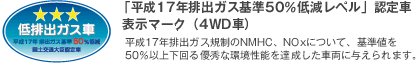 �u����17�N�r�o�K�X�50���ጸ���x���v�F��� �\���}�[�N�i4WD�ԁj ����17�N�r�o�K�X�K����NMHC�A NOx�ɂ��āA��l��50���ȏ㉺���D�G�� �����\��B�������ԗ��ɗ^�����܂��B 