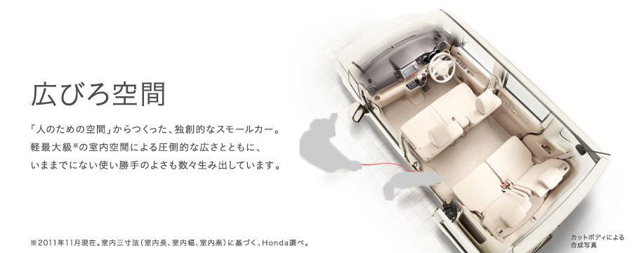 �L�т��ԁ@�u�l�̂��߂̋�ԁv����������A�Ƒn�I�ȃX���[���J�[�B�y�ő勉���̎�����Ԃɂ�鈳�|�I�ȍL���ƂƂ��ɁA���܂܂łɂȂ��g������̂悳�����X���ݏo���Ă��܂��B�@��2011�N11�����݁B�����O���@�i�������A�������A�������j�Ɋ�Â��AHonda���ׁB