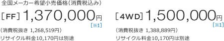 �S�����[�J�[��]�������i�i����ō��݁j[FF]1,370,000�~ �m��1�n �i����Ŕ��� 1,268,519�~�j���T�C�N������10,170�~�͕ʓr�@[4WD]1,500,000�~ �m��1�n �i����Ŕ��� 1,388,889�~�j���T�C�N������10,170�~�͕ʓr 