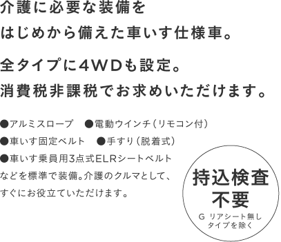 ���ɕK�v�ȑ������͂��߂���������Ԃ����d�l�ԁB�S�^�C�v��4WD���ݒ�B����Ŕ�ېłł����߂��������܂��B���A���~�X���[�v�@���d���E�C���`�i�����R���t�j
���Ԃ����Œ�x���g�@���肷��i�E�����j
���Ԃ�������p3�_��ELR�V�[�g�x���g
�Ȃǂ�W���ő����B���̃N���}�Ƃ��āA
�����ɂ��𗧂Ă��������܂��B��������
�s�v G ���A�V�[�g����
�^�C�v������