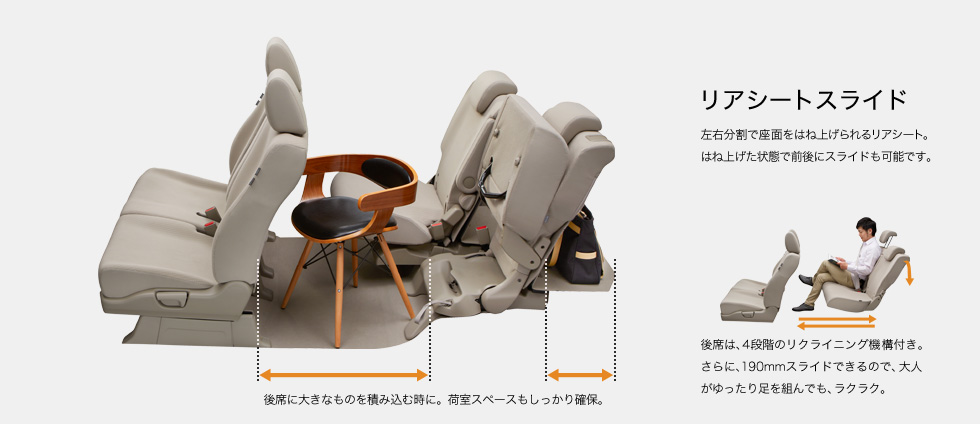 ���A�V�[�g�X���C�h ���E�������ʂ��͂ˏグ���郊�A�V�[�g�B�͂ˏグ����ԂőO��ɃX���C�h���\�ł��B��Ȃ́A4�i�K�̃��N���C�j���O�@�\�t���B����ɁA190mm�X���C�h�ł���̂ŁA��l��������葫��g��ł��A���N���N�B��Ȃɑ傫�Ȃ��̂�ςݍ��ގ��ɁB�׎��X�y�[�X����������m�ہB