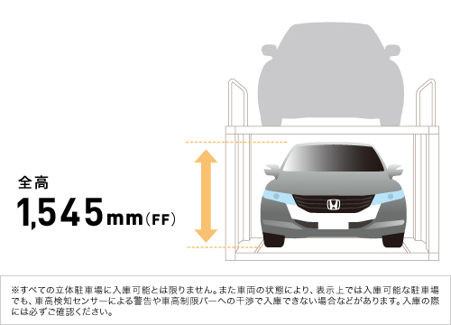 �S�� 1,545mm�iFF�j�����ׂĂ̗��̒��ԏ�ɓ��ɉ\�Ƃ͌���܂���B�܂��ԗ��̏�Ԃɂ��A�\����ł͓��ɉ\�Ȓ��ԏ�ł��A�ԍ����m�Z���T�[�ɂ��x����ԍ������o�[�ւ̊��œ��ɂł��Ȃ��ꍇ�Ȃǂ�����܂��B���ɂ̍ۂɂ͕K�����m�F���������B