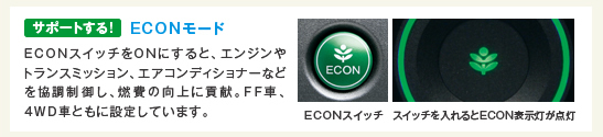 サポートする! ECONモード ECONスイッチをONにすると、エンジンやトランスミッション、エアコンディショナーなどを協調制御し、燃費の向上に貢献。FF車、4WD車ともに設定しています。 ECONスイッチを入れるとECON表示灯が点灯