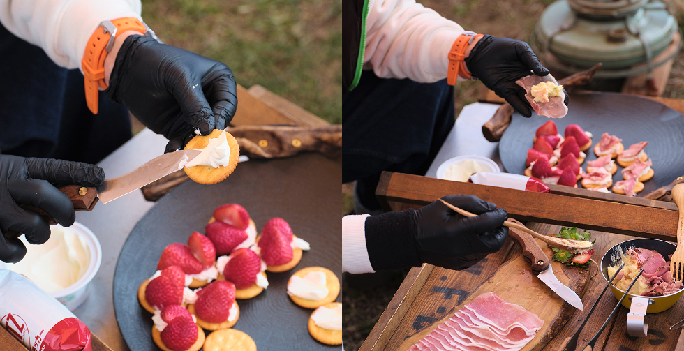 ホイップクリームやマスカルポーネにイチゴを合わせ、クラッカーに手際よくトッピング。さらにポテトサラダを生ハムで包み、仕上げに胡椒とオリーブオイルをひと回し