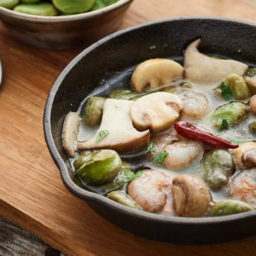 そら豆ときのことエビのアヒージョ