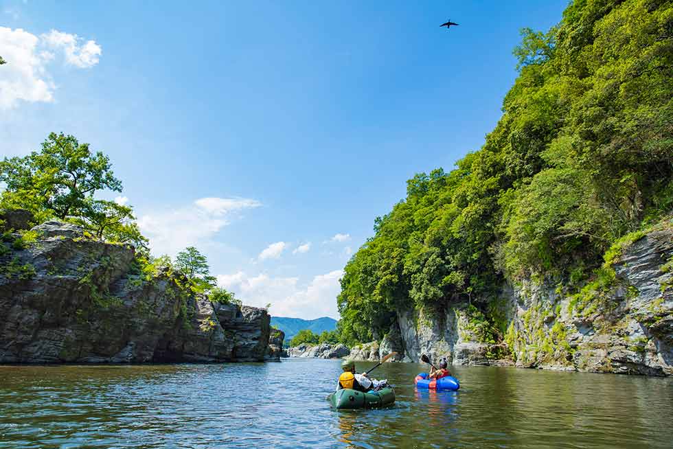 風光明媚な長瀞の岩畳を川から眺める