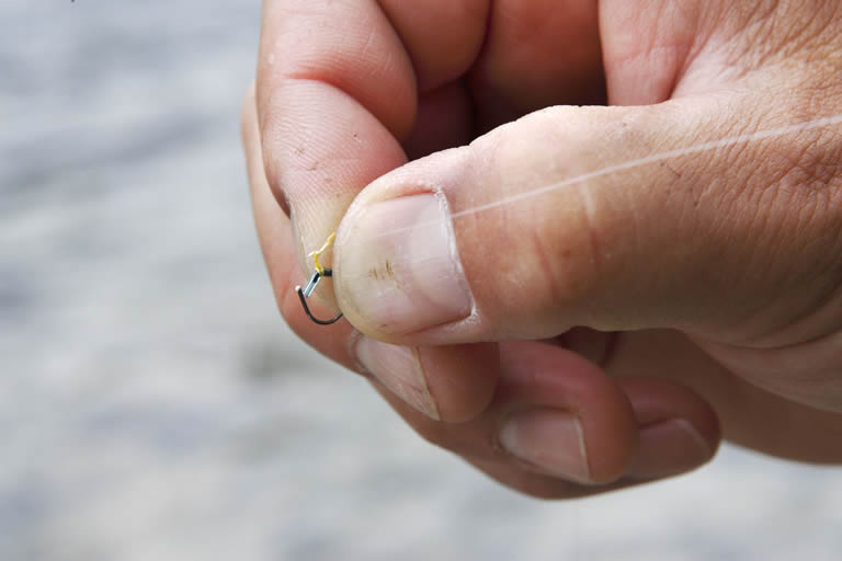 まず、ハナカンを親指と人さし指の先でつまむ。初級者のうちは大きめのハナカン（7mm程度）を使うと持ちやすい。左上の突き出た箇所がアユの鼻に通す部分