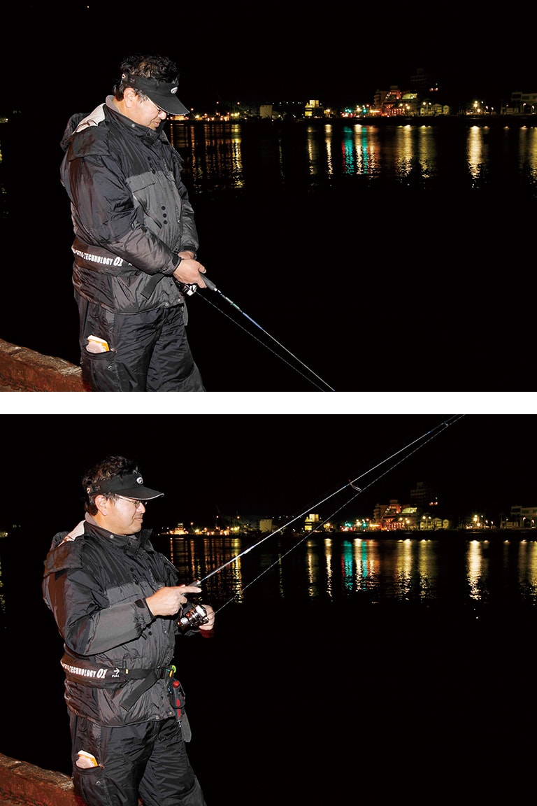 ジグヘッドリグの泳ぐレンジは、ロッドの構え方によってもコントロールできる。ティップを低くすると深めのレンジ、高くすると浅いレンジになる