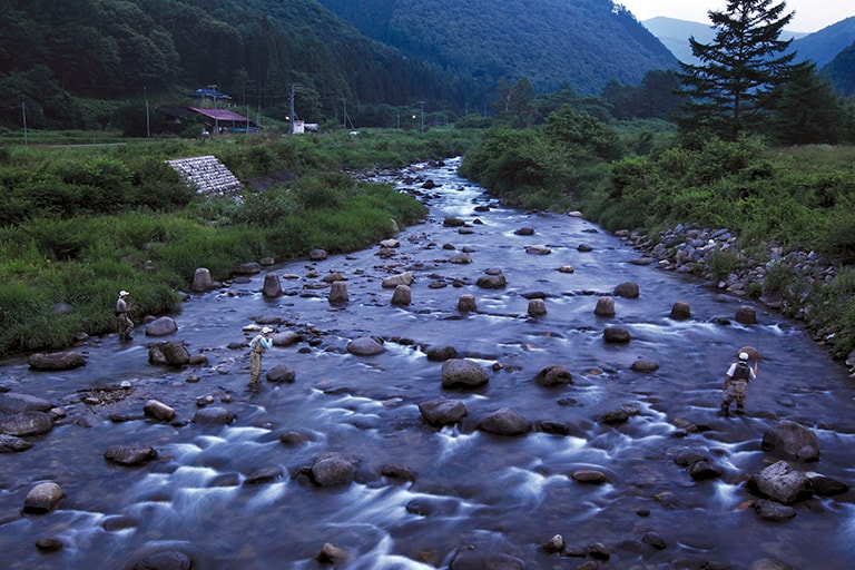 頭上に木が被っていない場所は、初心者にとってもねらいやすい。このように大石が点在して流れが複雑になっている場所では、ポイントは無数にある。手前から丁寧に探っていくこと