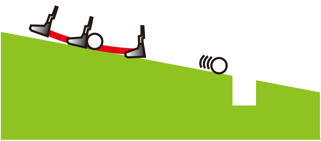 下りのラインは「バックスイング小＋フォロースルー大」で打つと、ボールを押すようなイメージでラインに乗せやすい