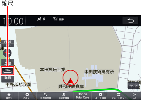 �n�}���VICS����\���ł���̂́A�k�ڂ�10m�`1Km�ł��B