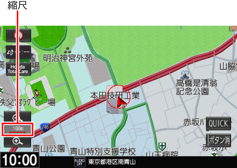 交通規制や渋滞情報などの情報を地図上表示できる縮尺は1kmまでです。